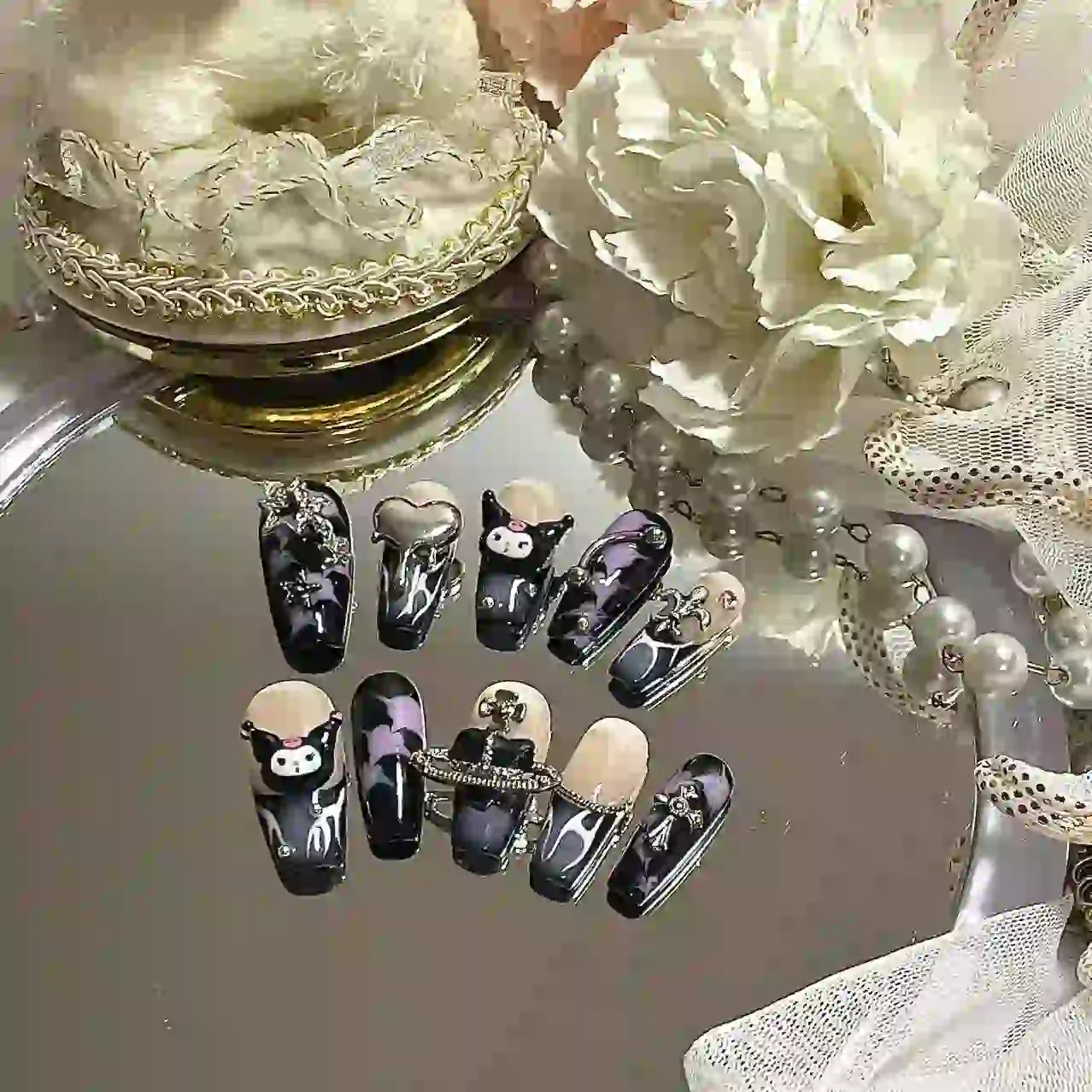 Dark Purple and Black Kuromi Long Press On Nails