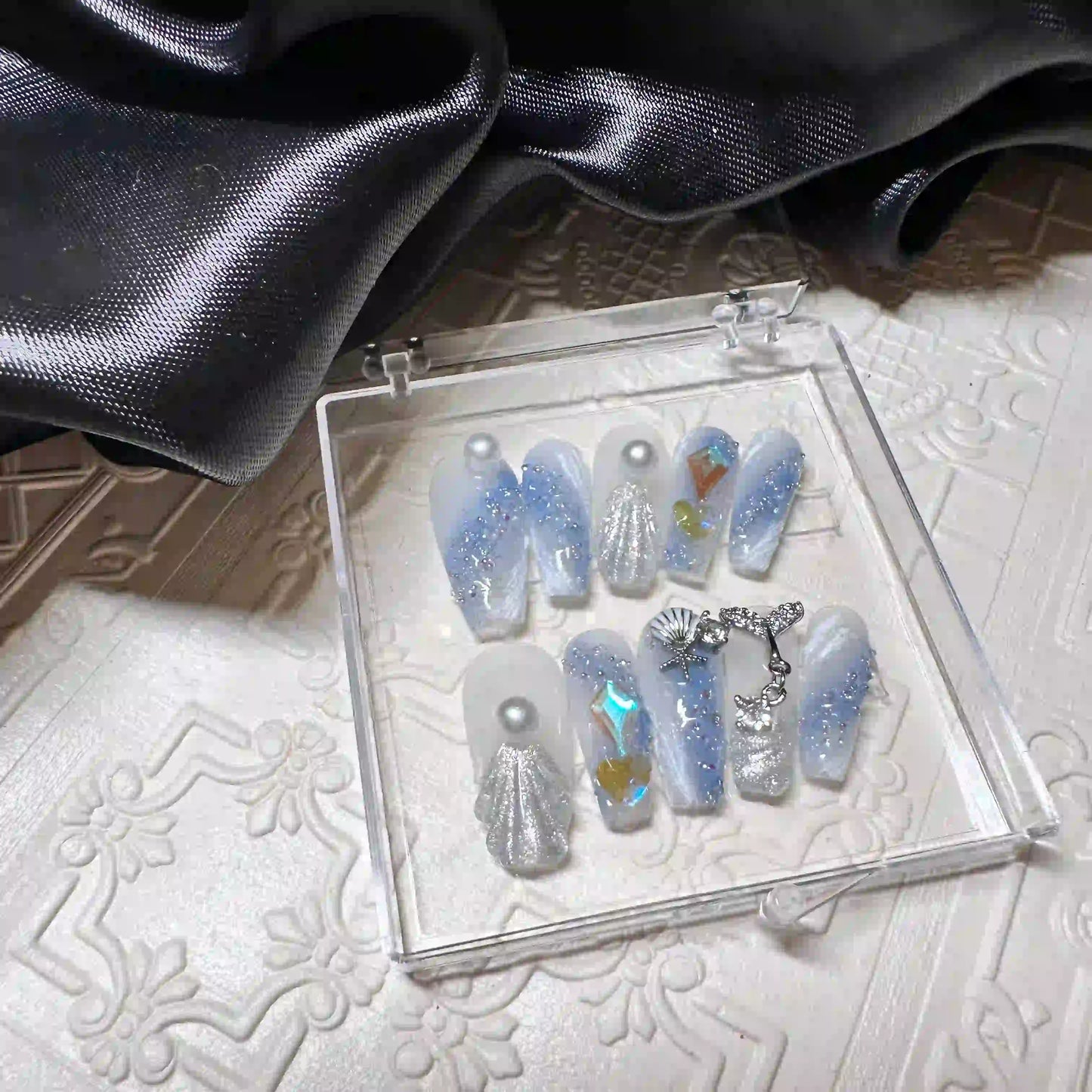 Blue Mermaid Long Press On Nails