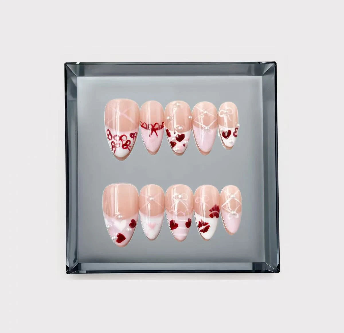 Red Ribbon Coquette Balletcore Long Press On Nails