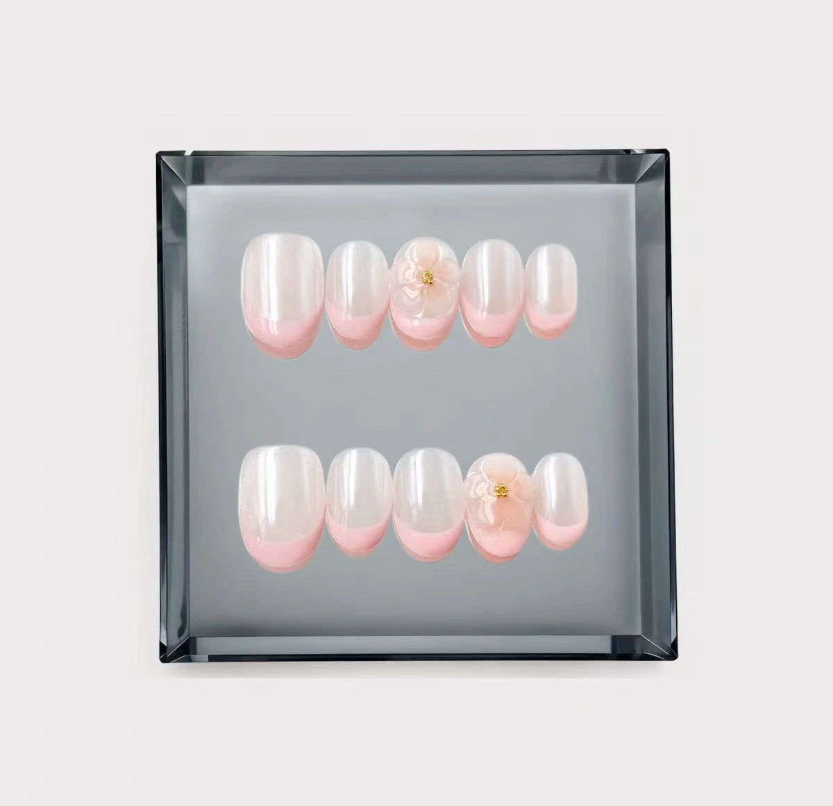 Pink Blossom Pearly Frenchie Short Press On Nails