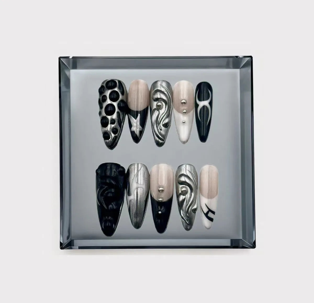 Cyber-Core Tribal Liquid Silver Long Press On Nails