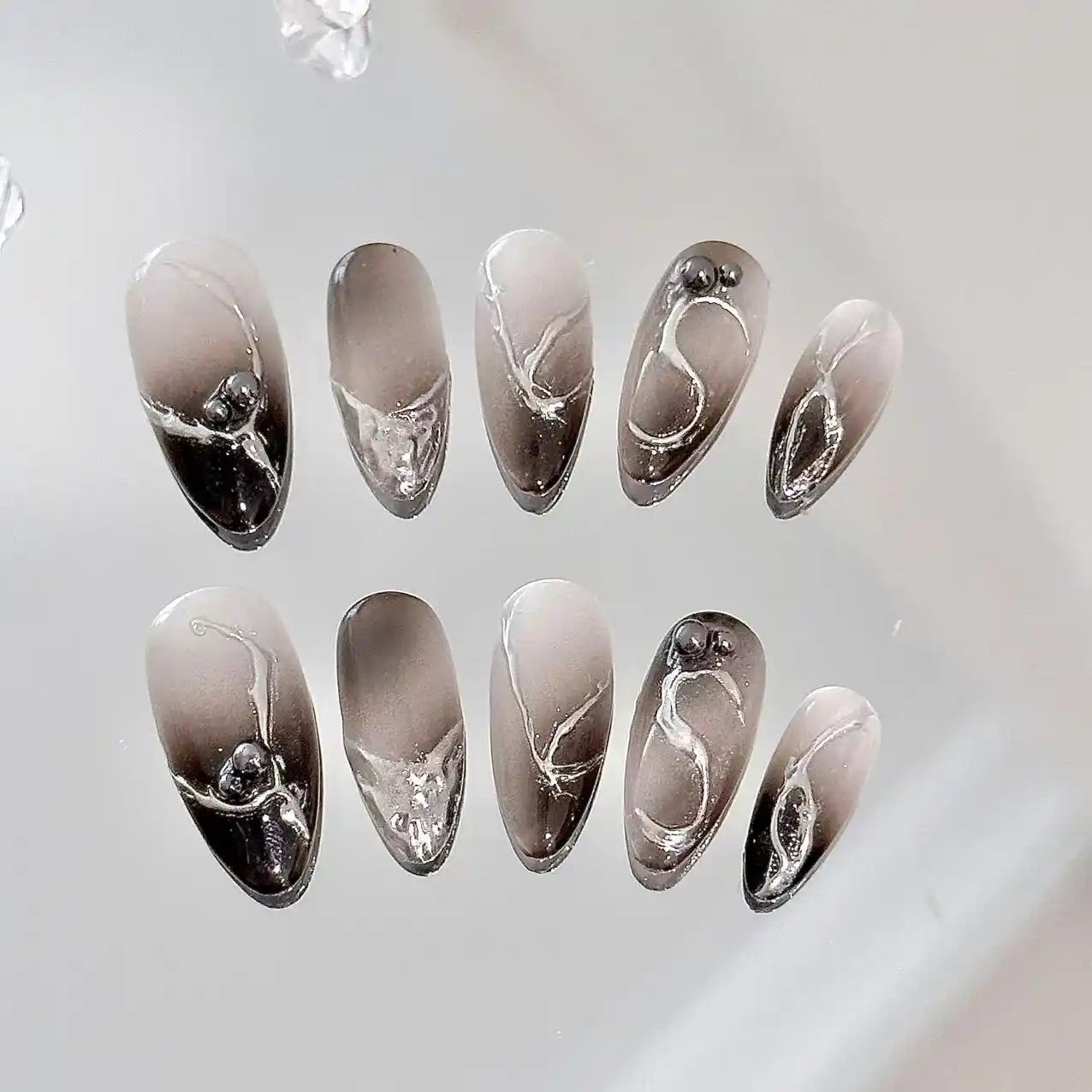 Black Ombre With Sliver Detail Long Press On Nails