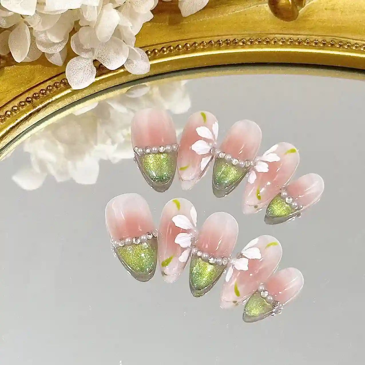 Floral Emerald French Long Press On Nails