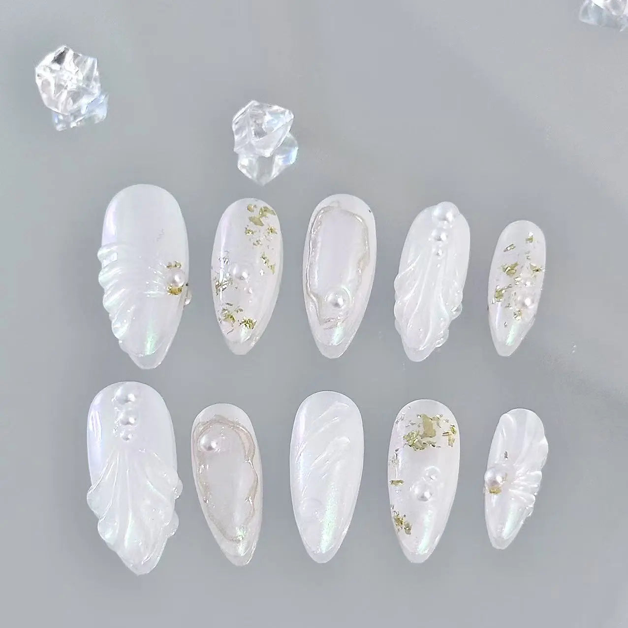 White Chrome Gold Mermaid Press On Nails