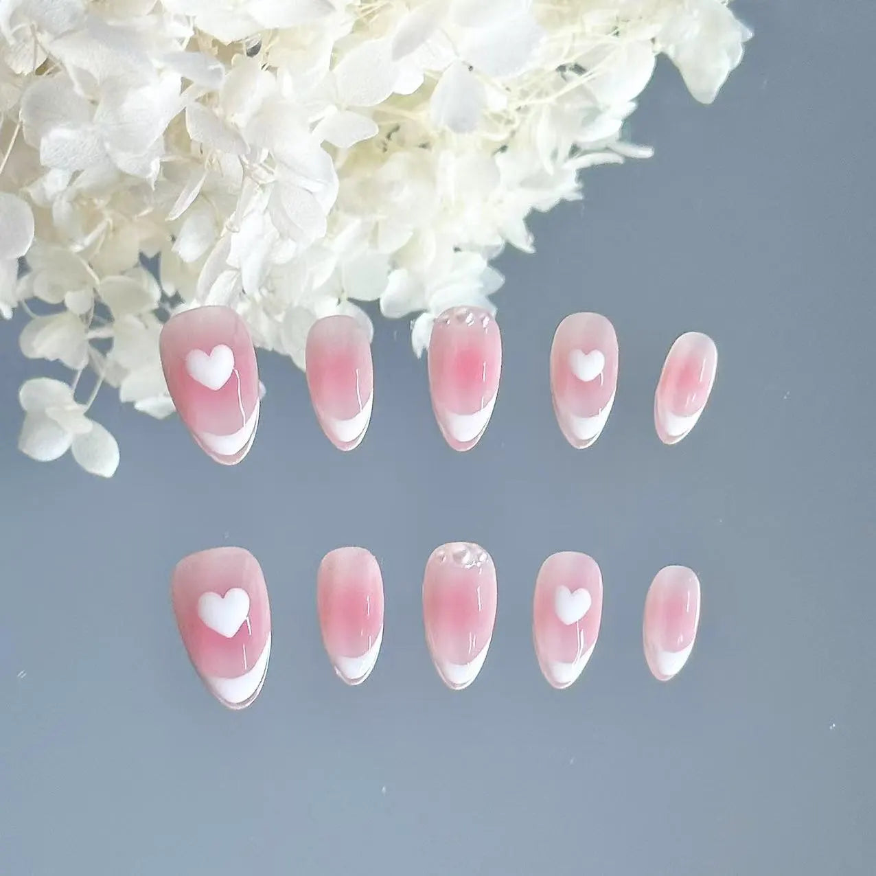 Blush Heart French Long Press On Nails