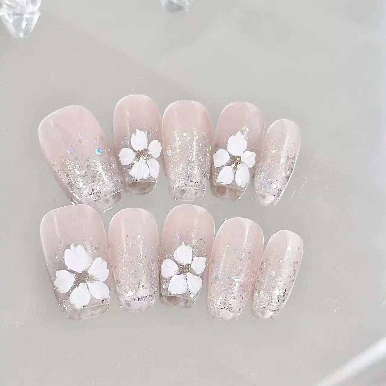 Glitter Flower On Tip Long Press On Nails