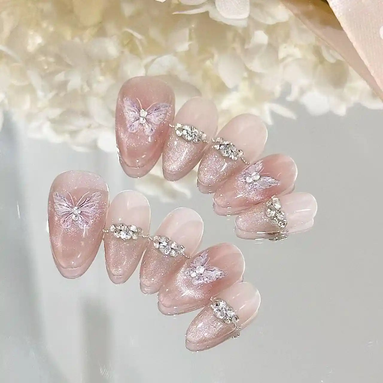 Cat Eye French with Pearly Butterfly Long Press On Nails