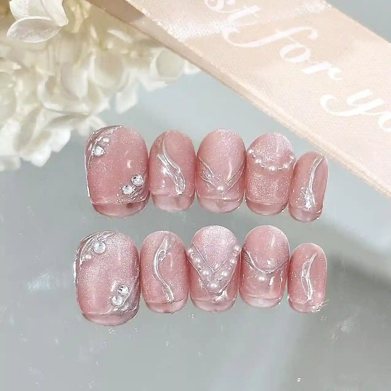 Silver Embellished Pink Cat Eye Press On Nails