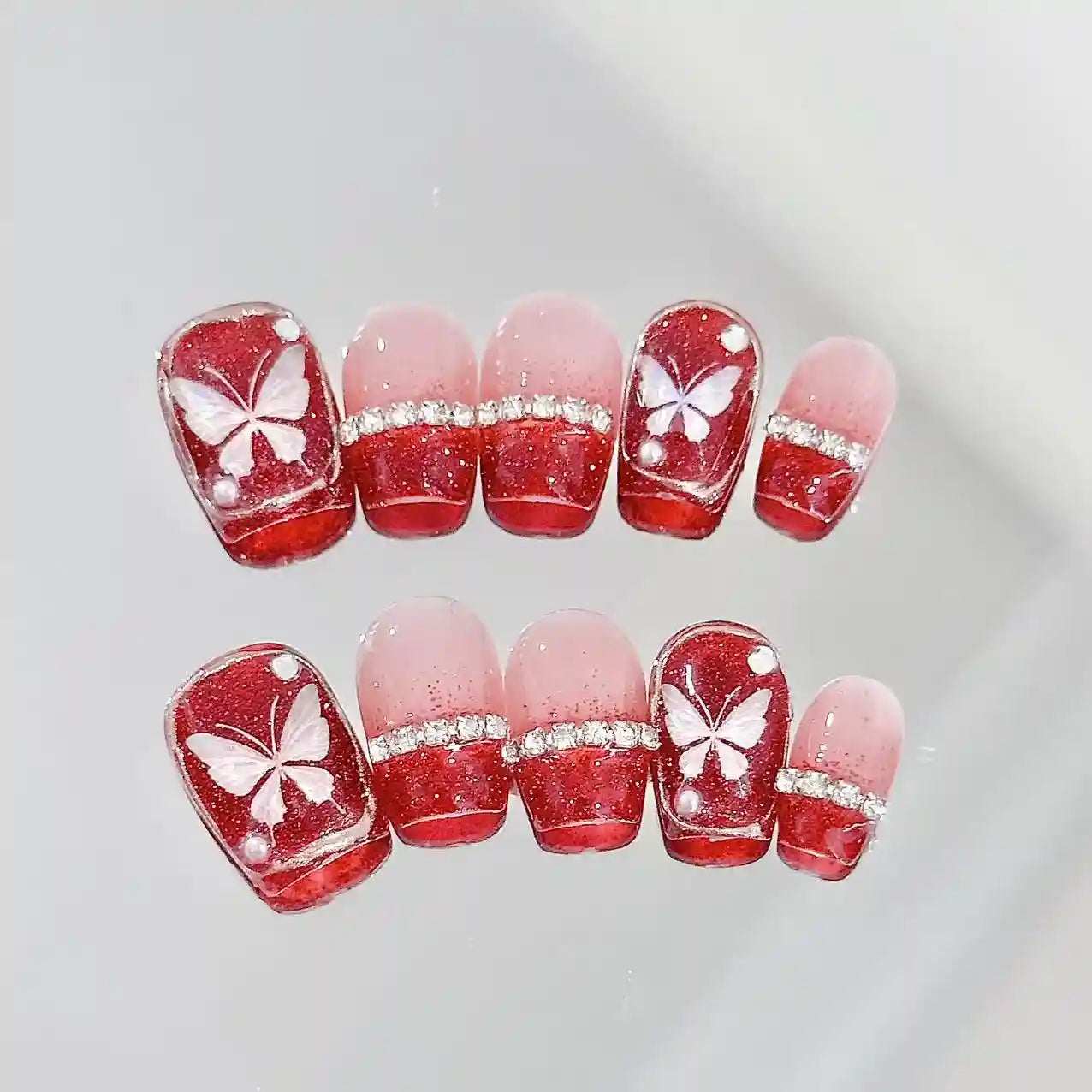 Red Gitter Butterfly Press On Nails
