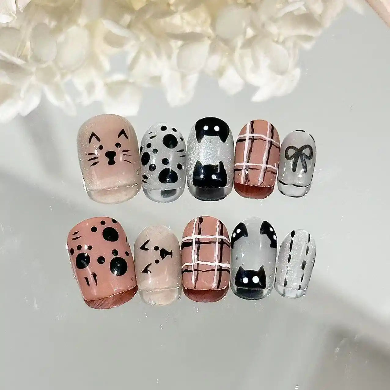 Cat and Bear Toffee Time Short Press On Nails