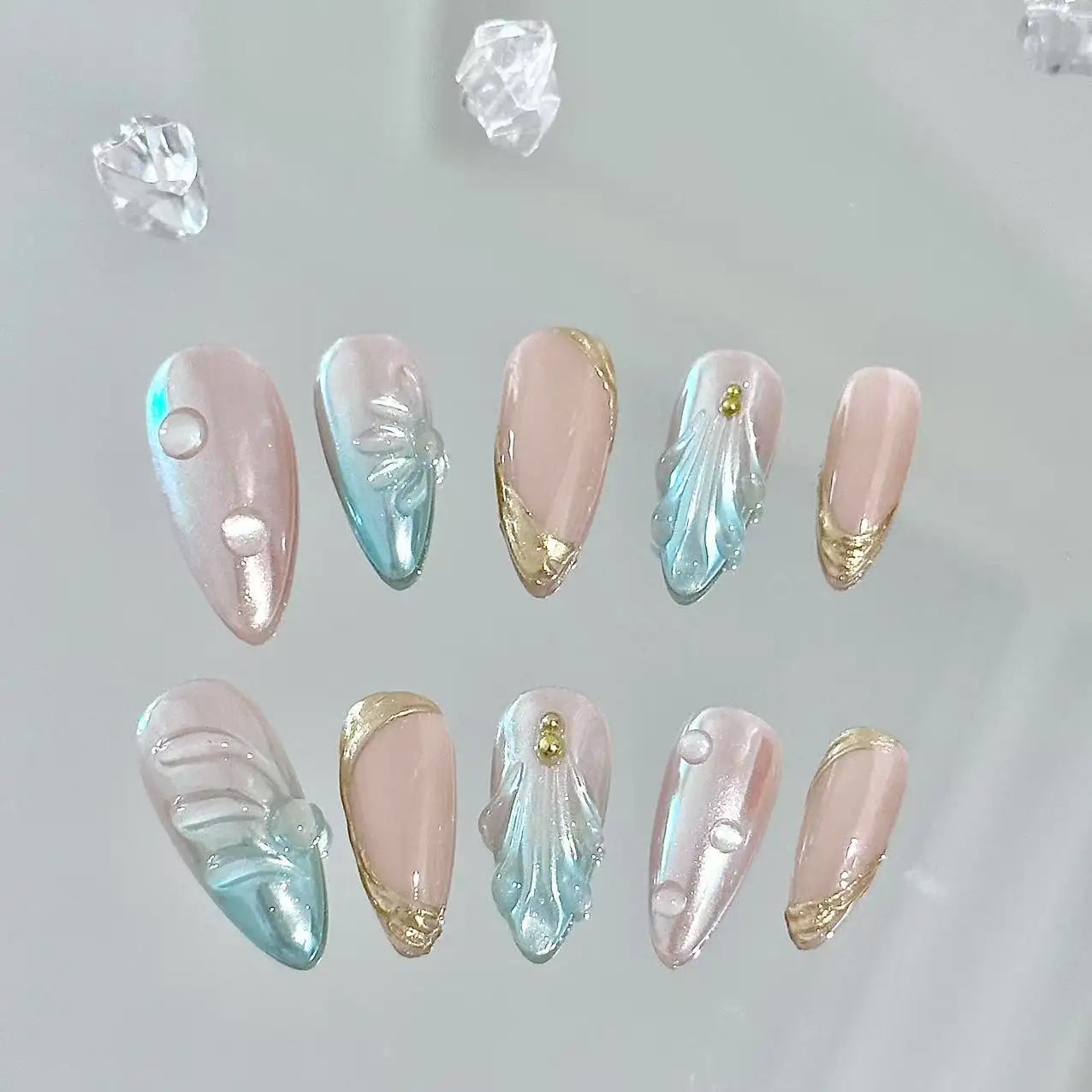 Cyan Crome Mermaid Long Press On Nails