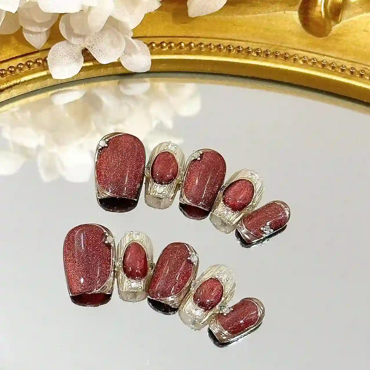 Wine and Gold Press On Nails