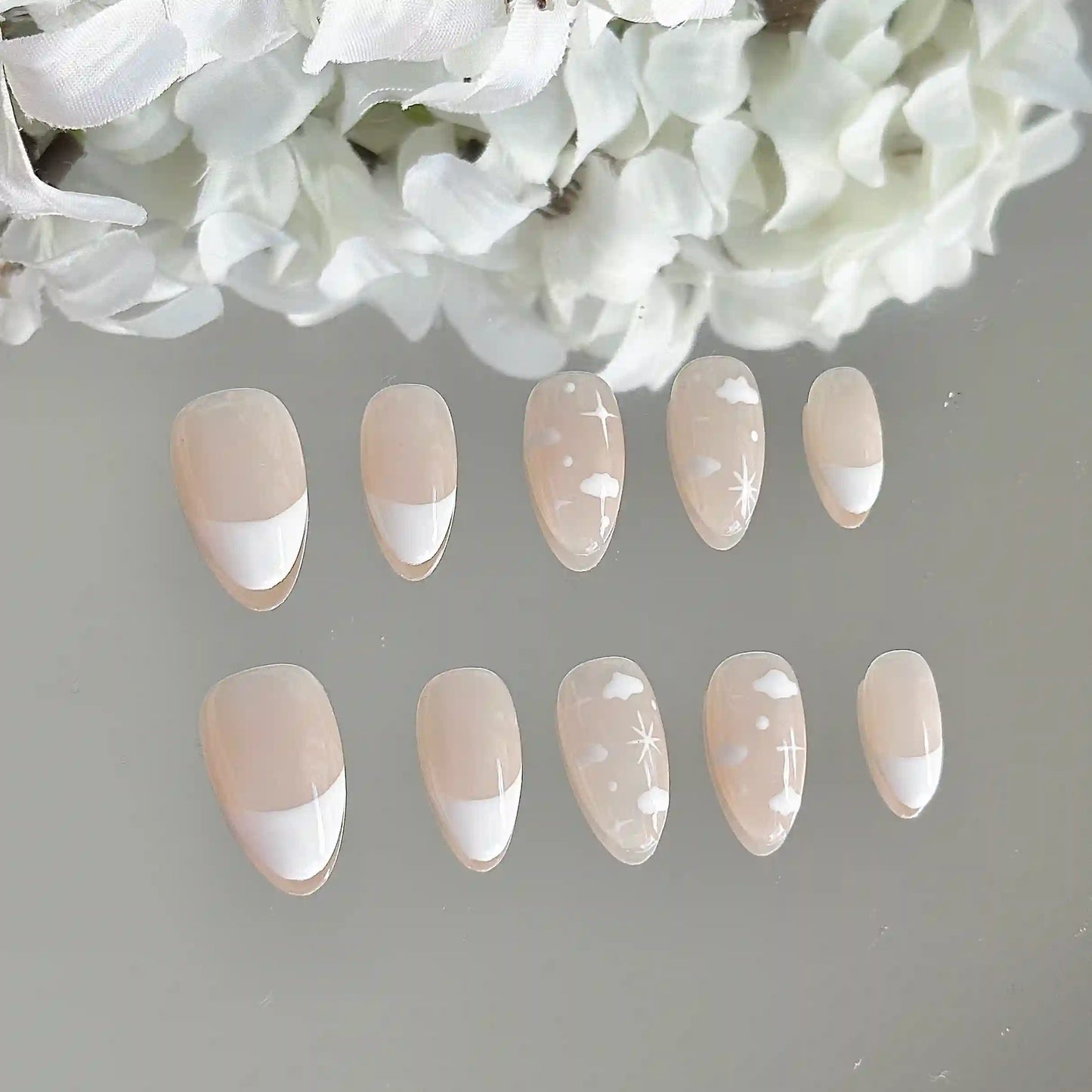 Cloudy French Long Press On Nails