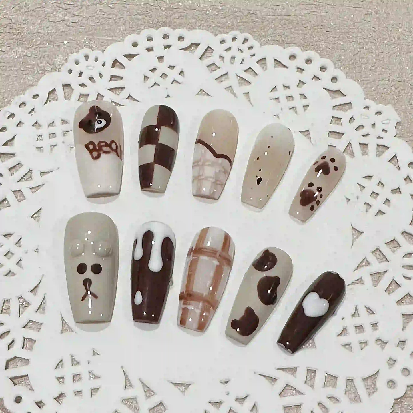 Chocolate Bear Long Press On Nails