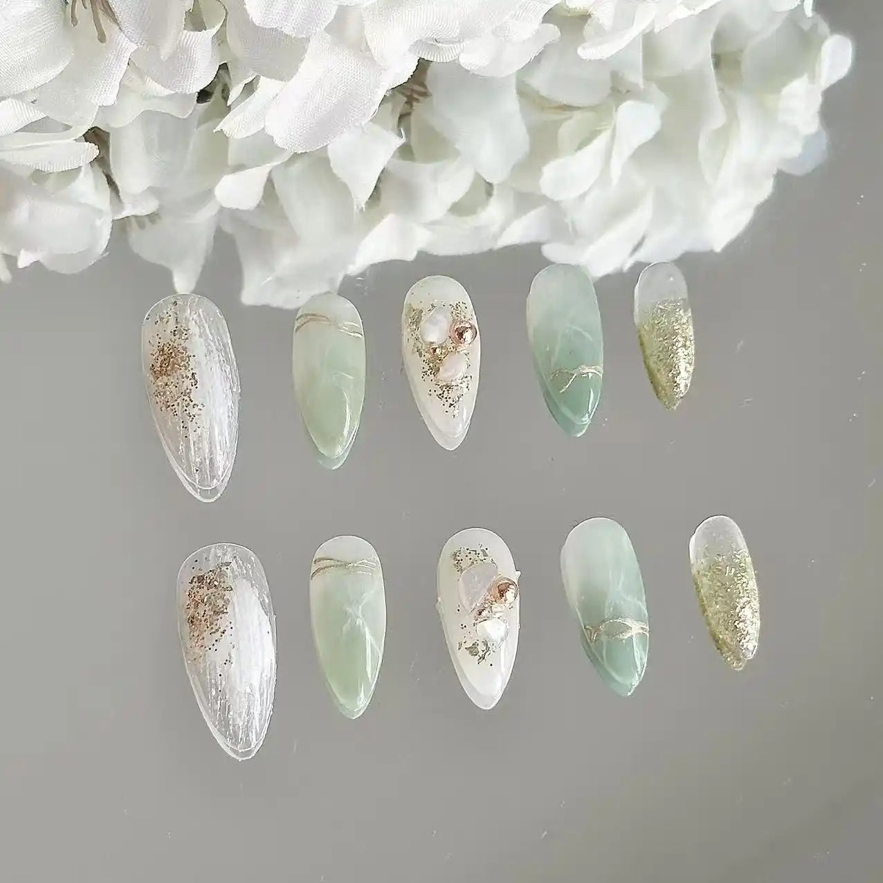 Gold Mounted Jade Long Press On Nails