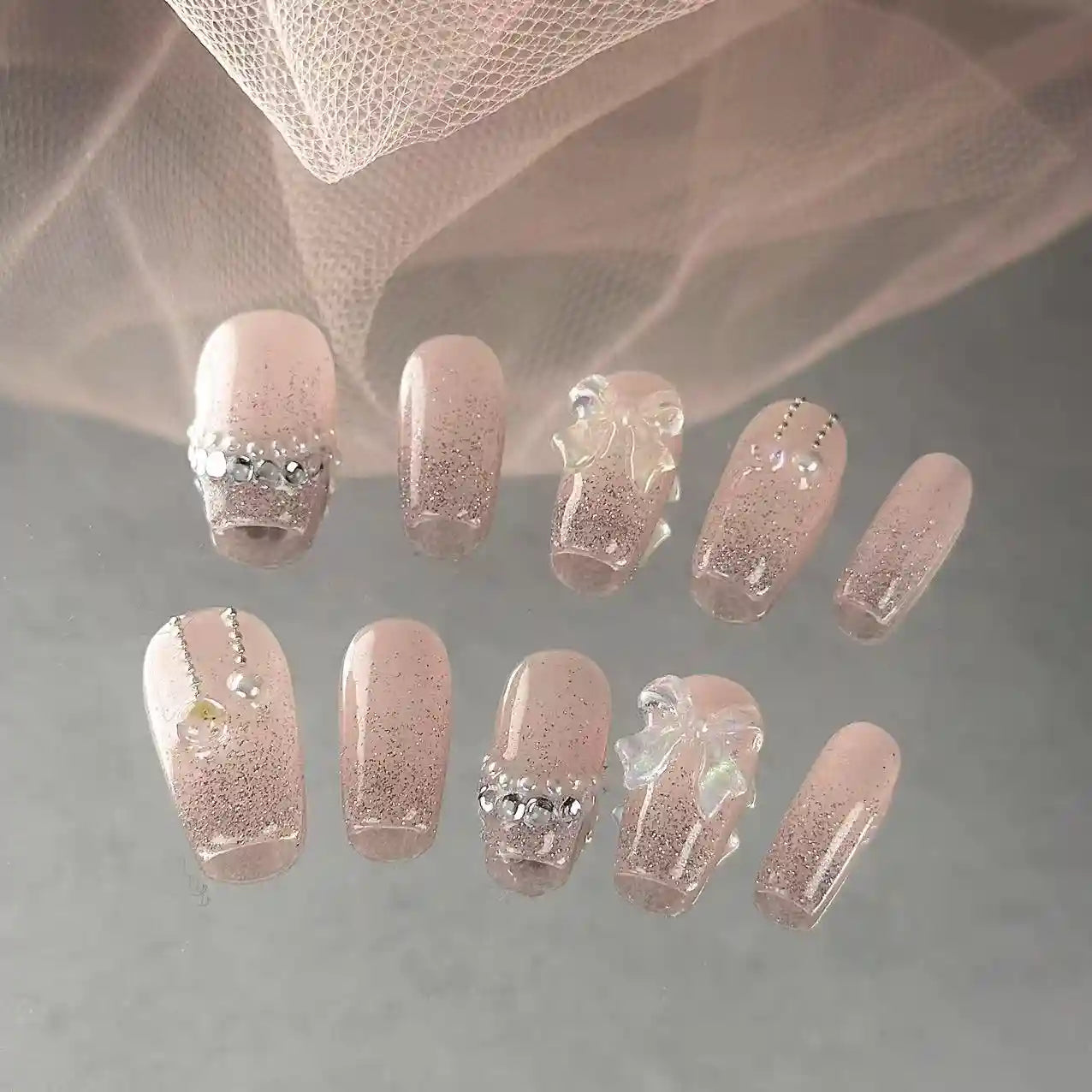 Pastel Pink Gitter Bow Press On Nails