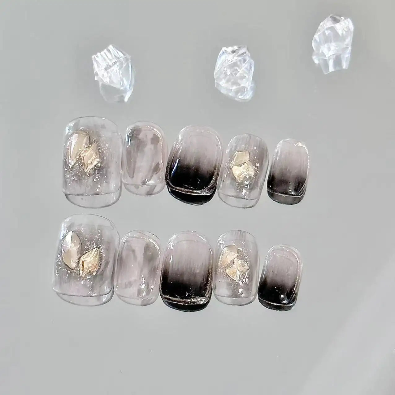 Black Nude Ombre Golden Crystal Long Press On Nails