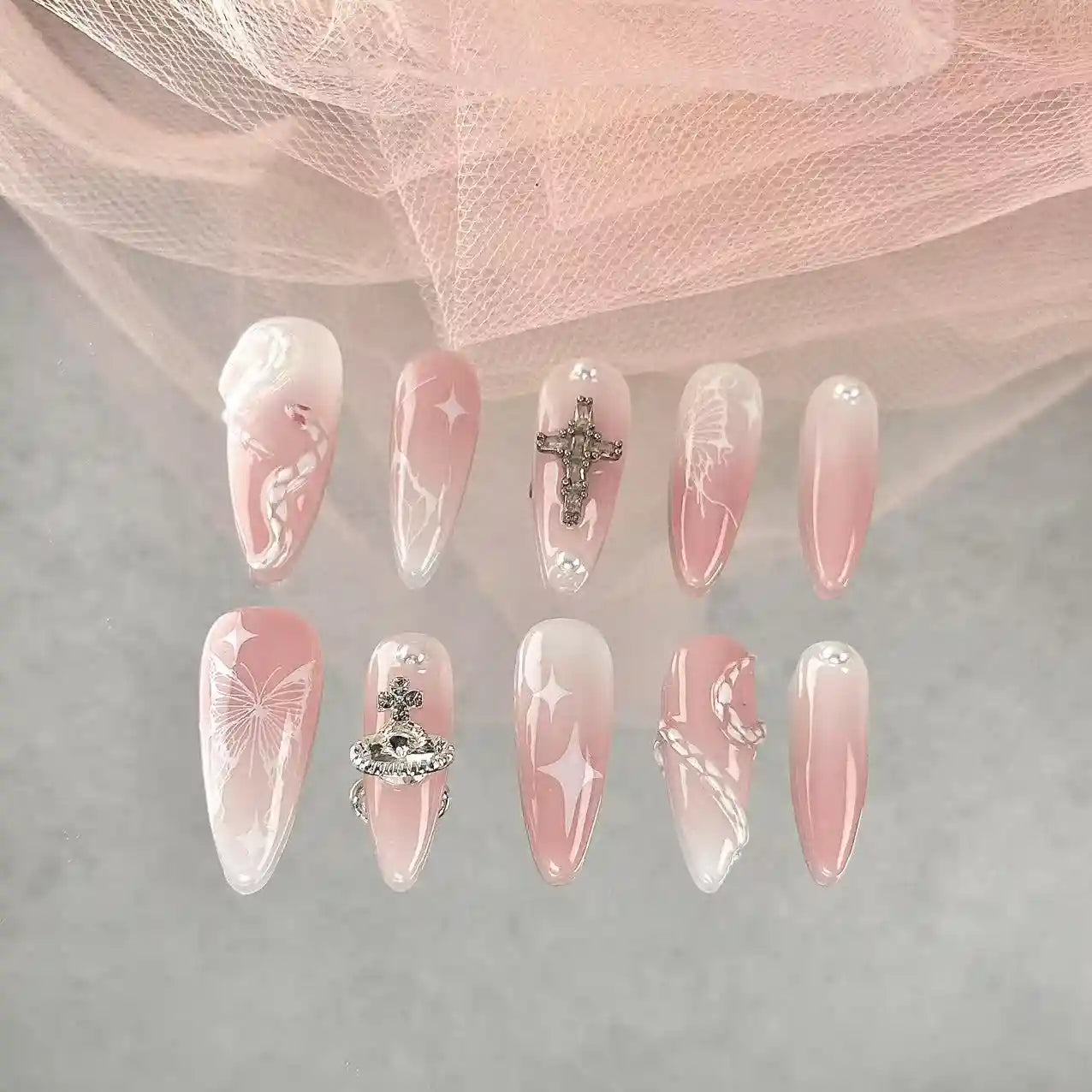 Snake And Butterfly Pink Press On Nails