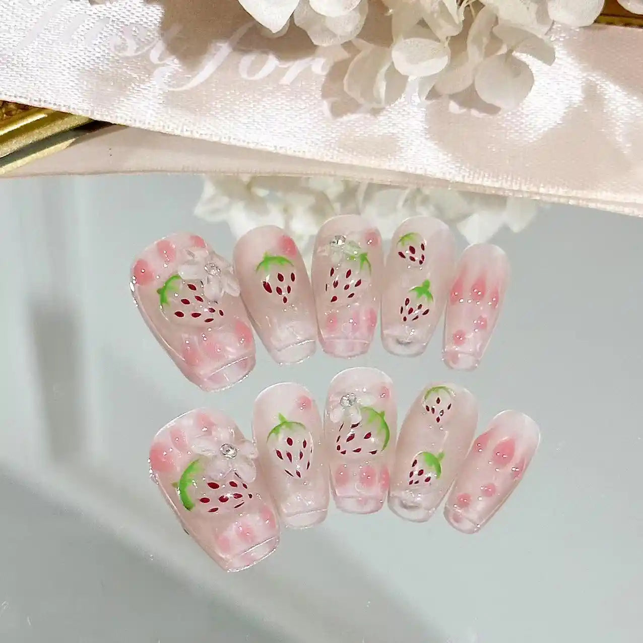 3D Strawberry Long Press On Nails
