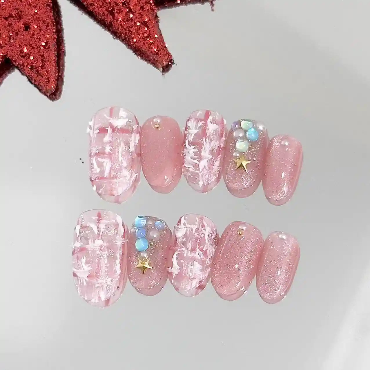 Pink Tweed With Blue Shine Press On Nails