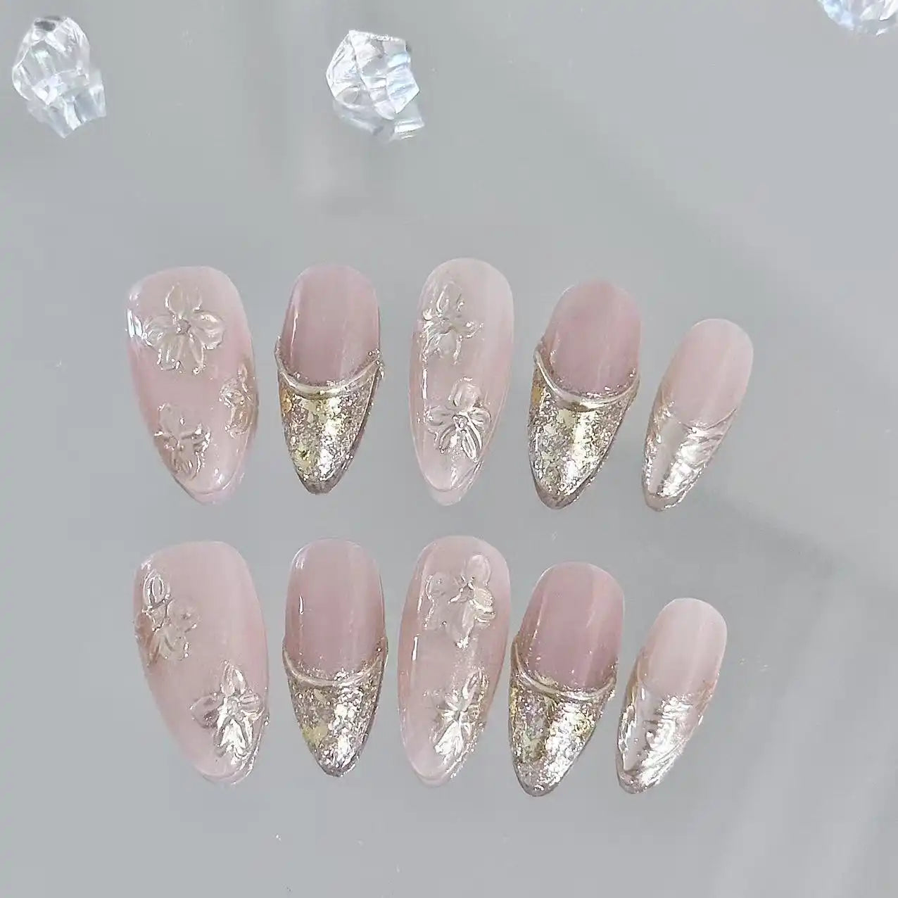 Golden Flower Long Press On Nails