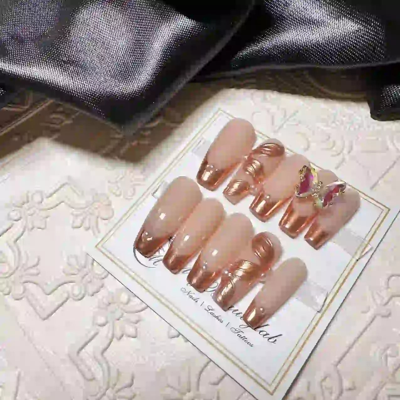 Gold Ribbon Butterfly Long Press On Nails