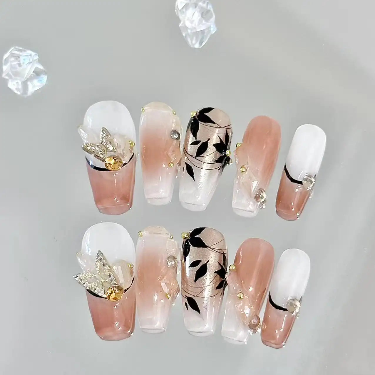 Golden Leaf Long Press On Nails