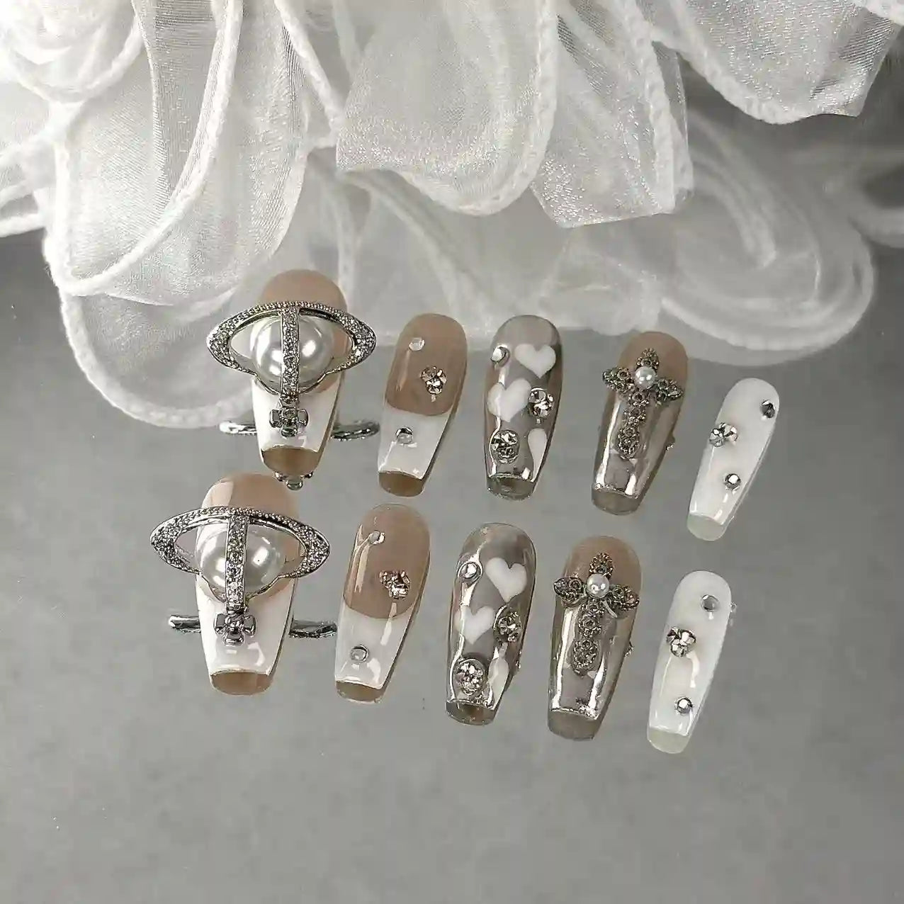 Metallic Saturn On French Long Press On Nails