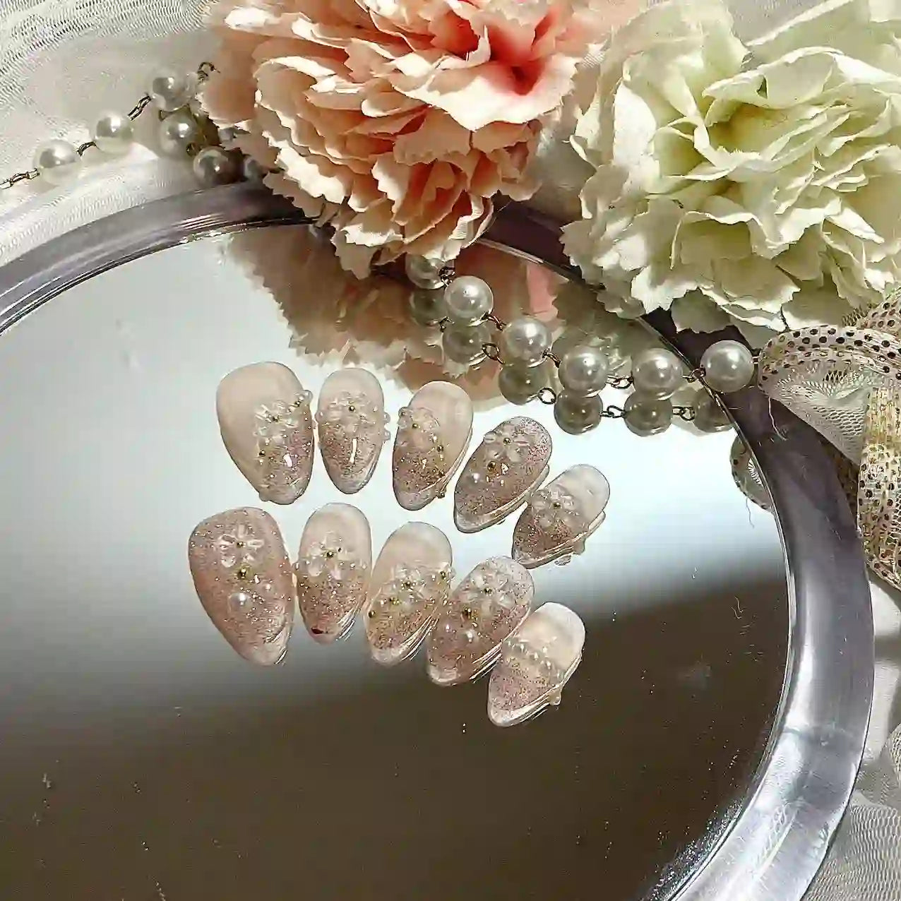 Flower and Glitter Long Press On Nails