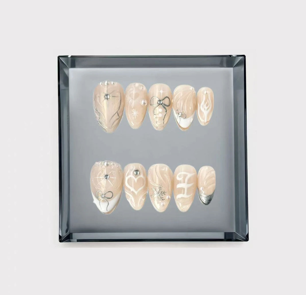 Winter Stardust Bow Long Press On Nails