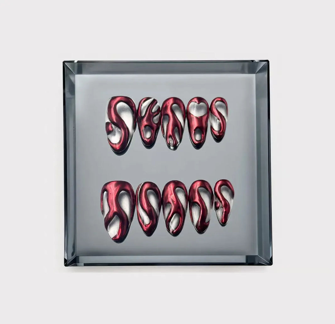 Crimson Liquid Metal Long Press On Nails