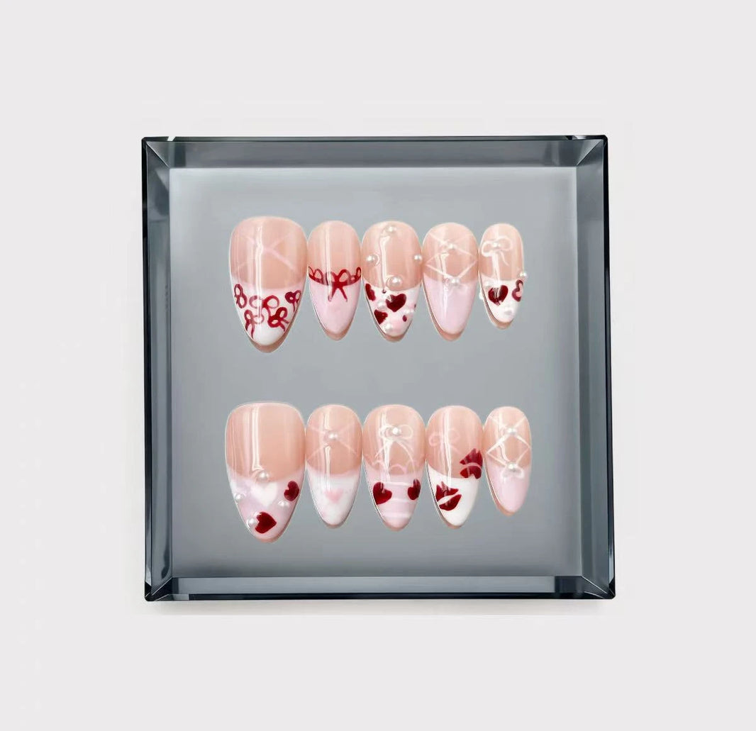 Red Ribbon Coquette Balletcore Long Press On Nails