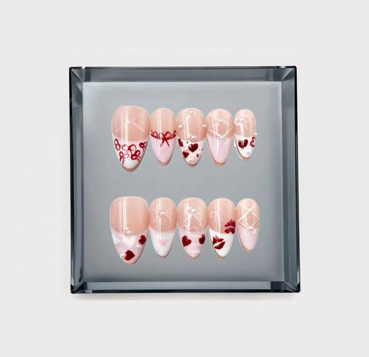 Red Ribbon Coquette Balletcore Long Press On Nails