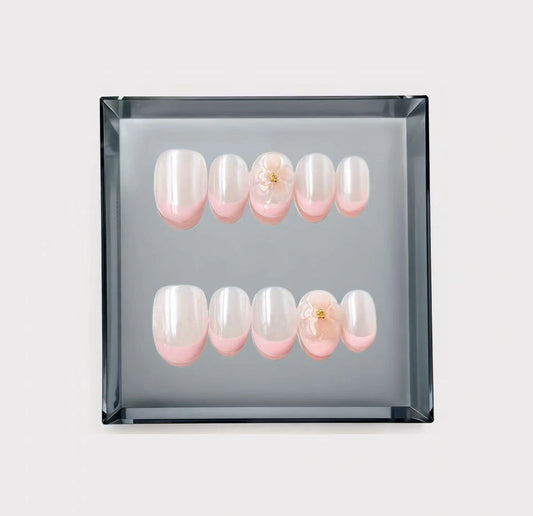 Pink Blossom Pearly Frenchie Short Press On Nails