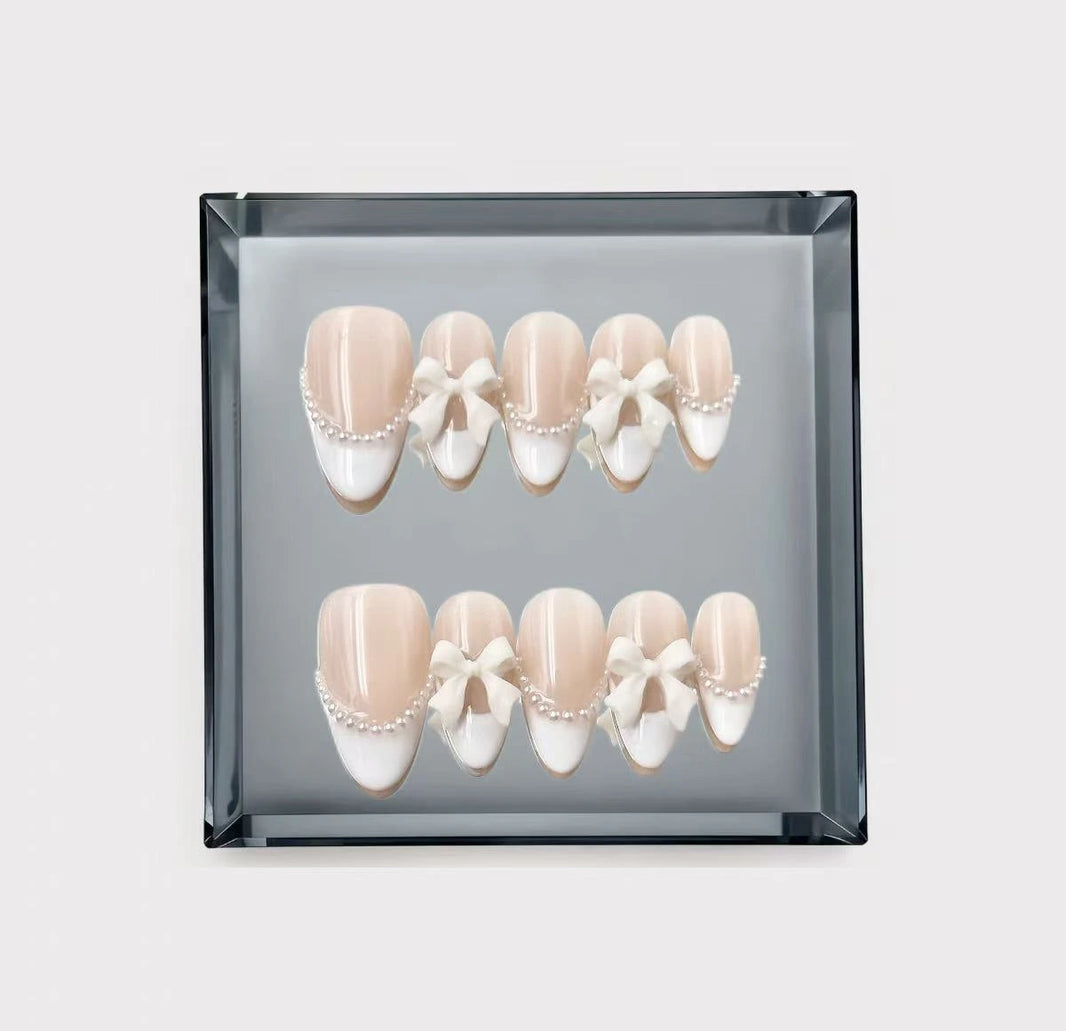 Pearl & Ribbon Frenchie Long Press On Nails