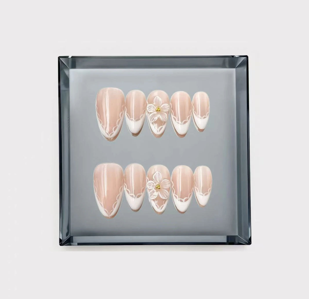 Victorian Scalloped Lace and Bloom Press On Nails