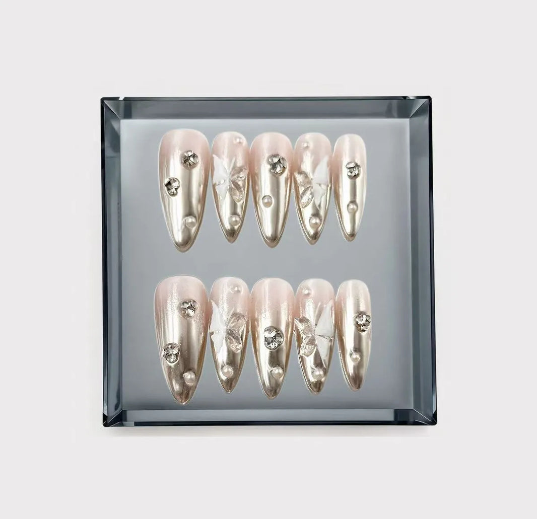 Crystal Butterfly Chrome Fantasy Long Press On Nails