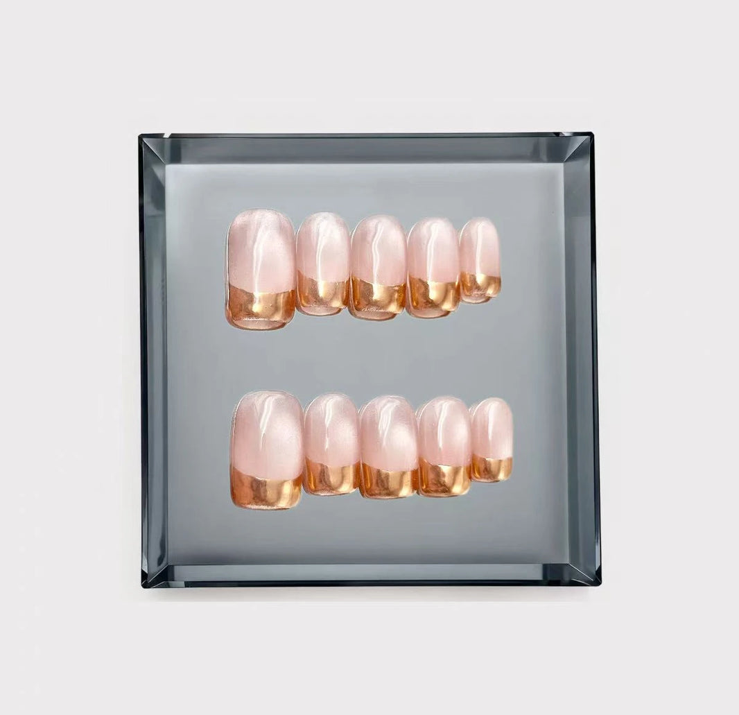 Rose Gold Metallic Mirror French Short Press On Nails