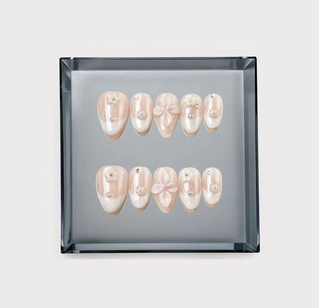 Blush Pink Floral Lace French Short Press On Nails