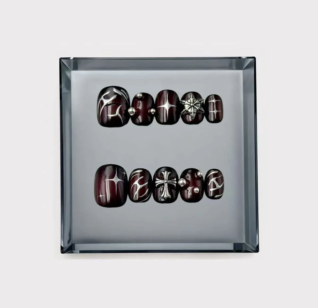 Dark Cherry Gothic Chrome Star Short Press On Nails