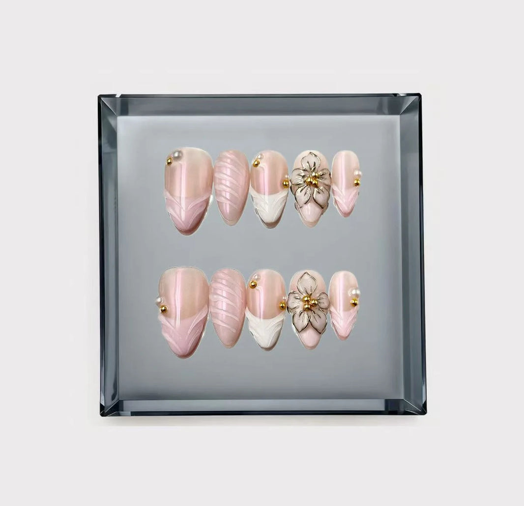 Romantic 3D Petal and Swirl Long Press On Nails