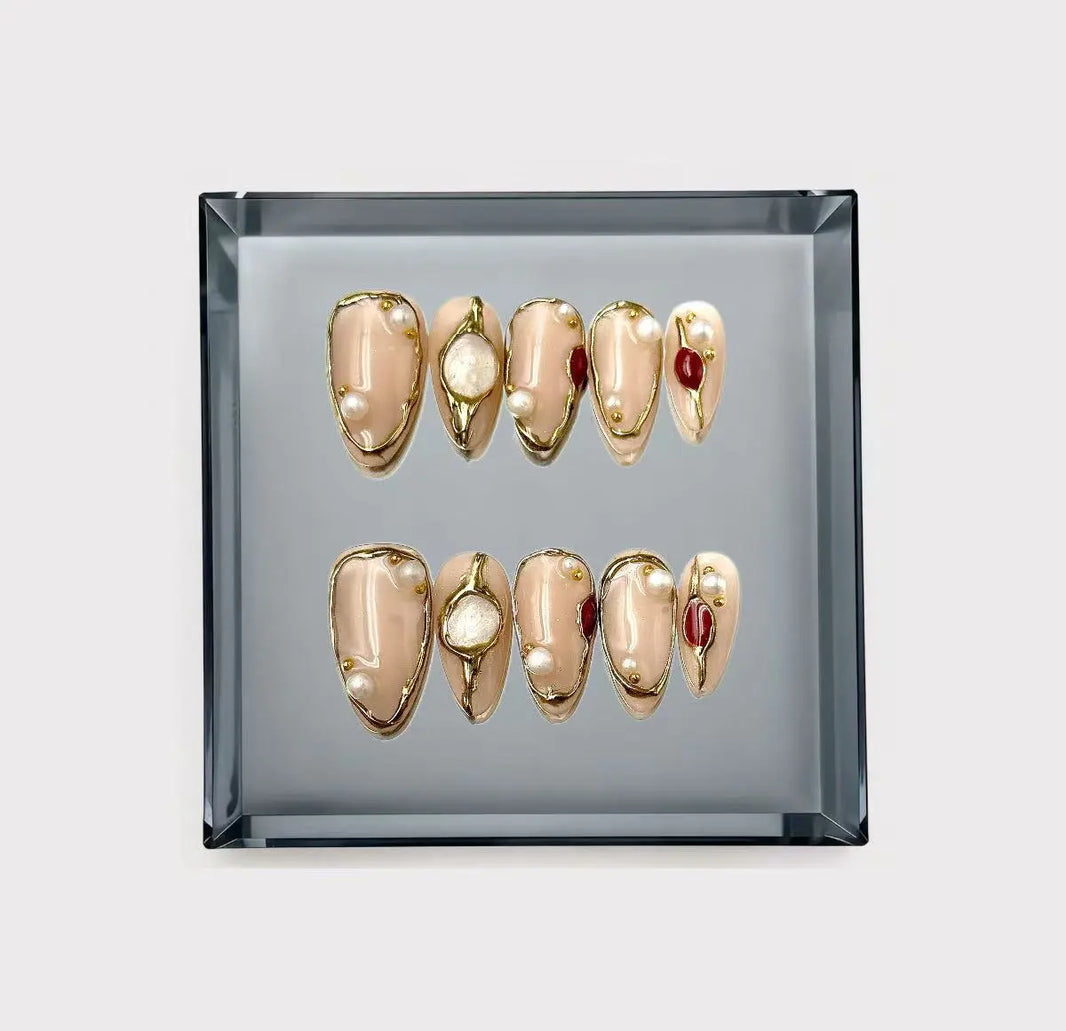 Molten Gold and Crimson Organic Gemstone Long Press On Nails