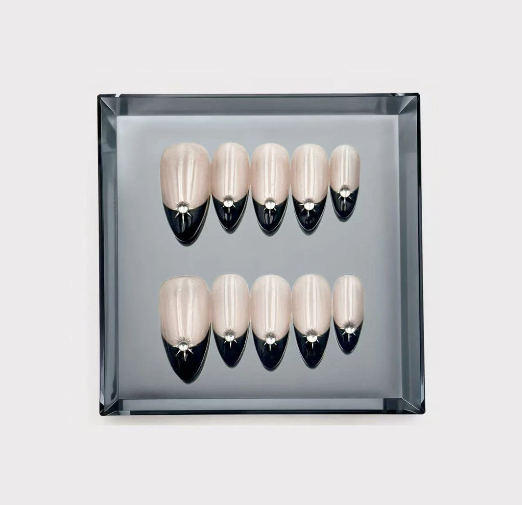 Celestial Noir Starburst French Tip Long Press On Nails