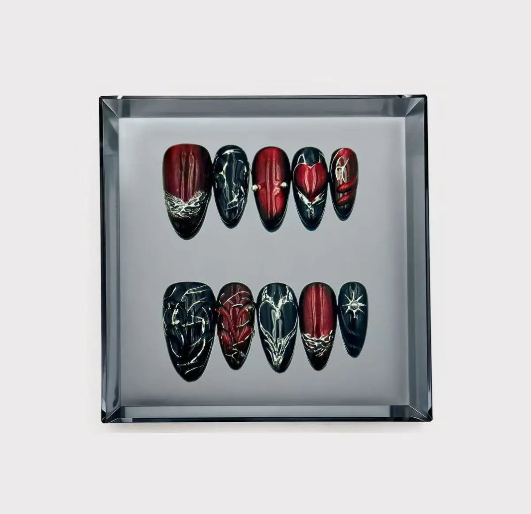 Dark Crimson Gothic Tribal Heart Long Press On Nails