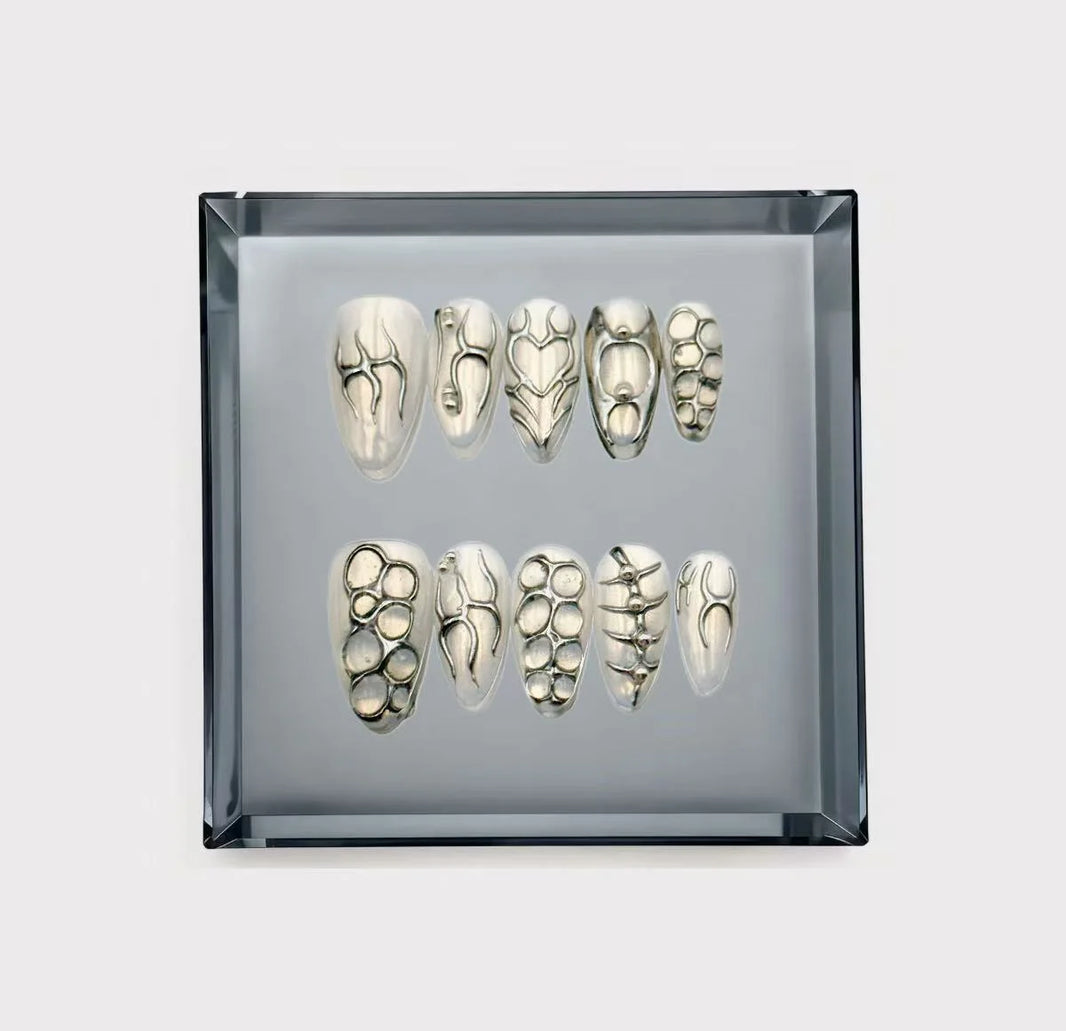 Liquid Mercury Cyber Tribal Abstract Long Press On Nails