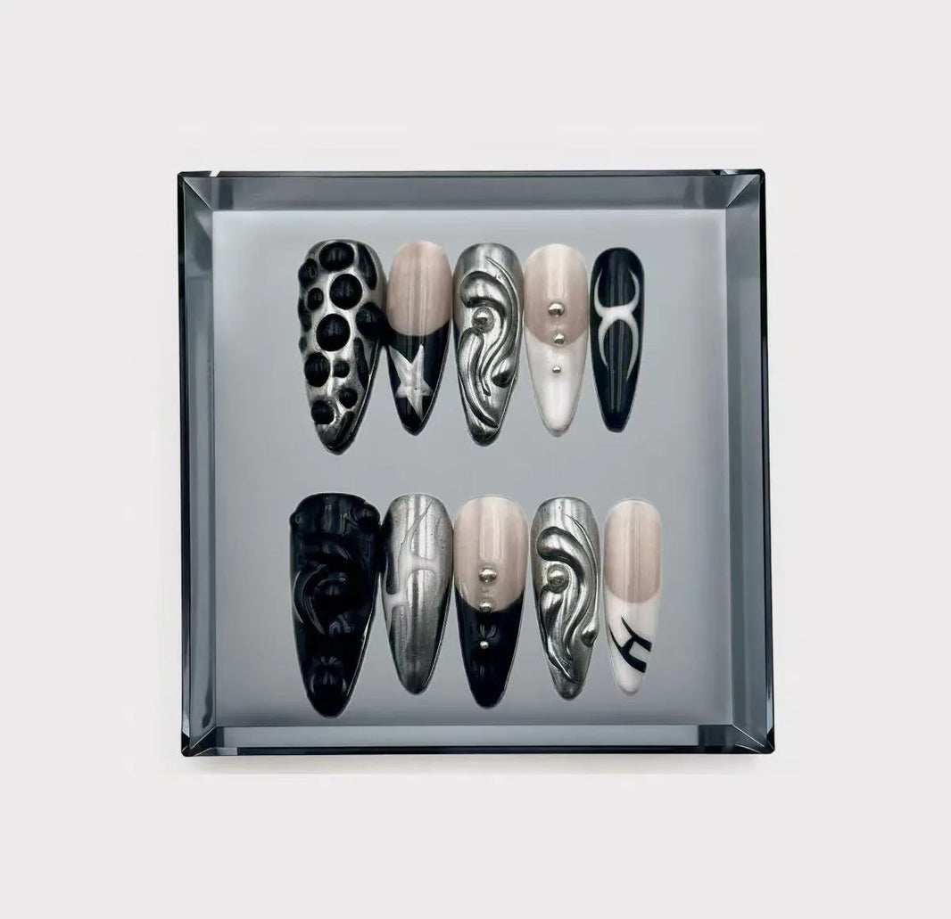 Cyber-Core Tribal Liquid Silver Long Press On Nails