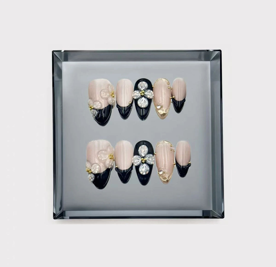 Noir 3D Floral Pearl French Long Press On Nails