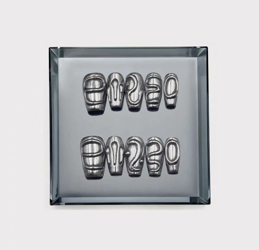 Liquid Mercury Cyber Tribal Abstract Long Press On Nails This set is the ultimate