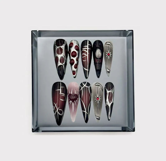 Crimson Gothic Tribal Long Press On Nails