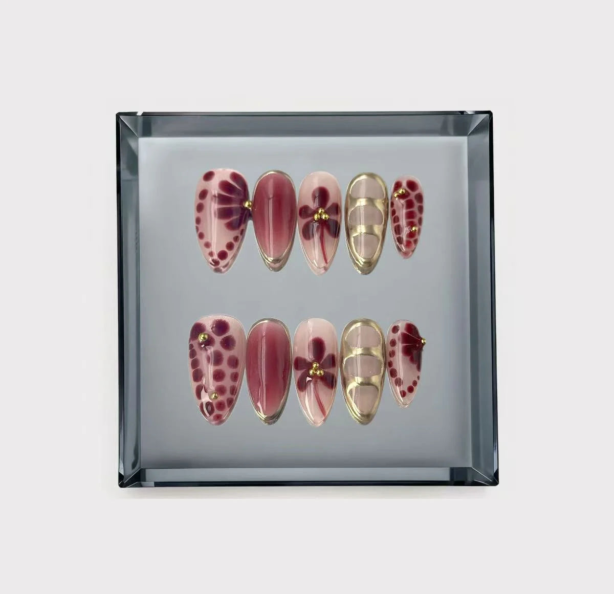 Maroon Floral Long Press On Nails